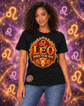 Black Leo zodiac crew-neck T-shirt, front view with “Born to Be Seen” artwork; AI-generated preview.