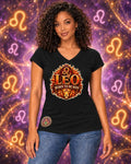 Black Leo zodiac women's V-neck T-shirt, front view with “Born to Be Seen” artwork; AI-generated preview.