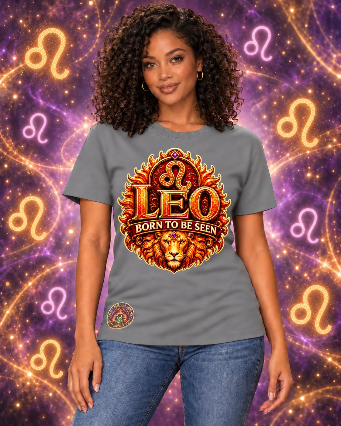 Grey Leo zodiac crew-neck T-shirt, front view with “Born to Be Seen” artwork; AI-generated preview.
