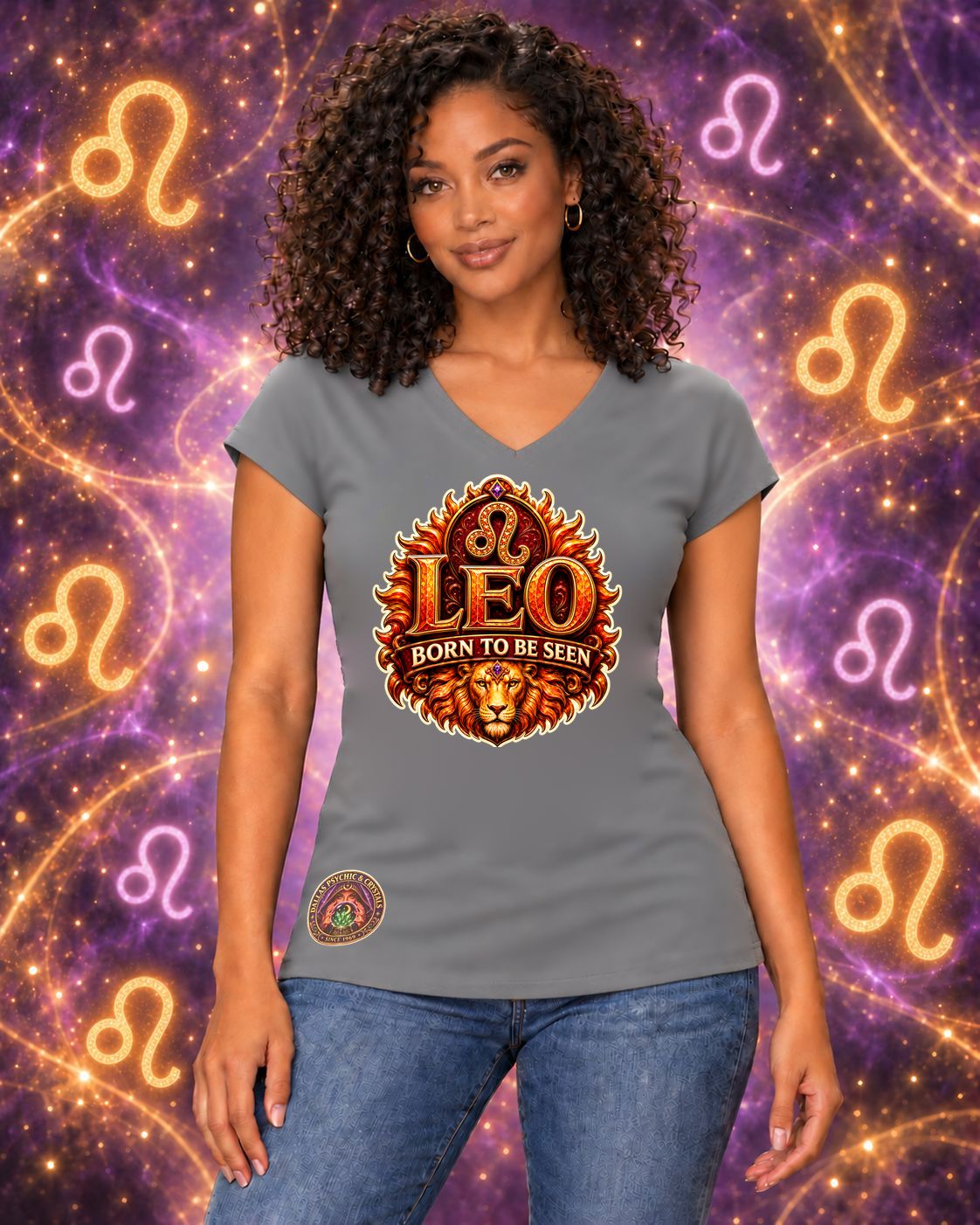Grey Leo zodiac women's V-neck T-shirt, front view with “Born to Be Seen” artwork; AI-generated preview.