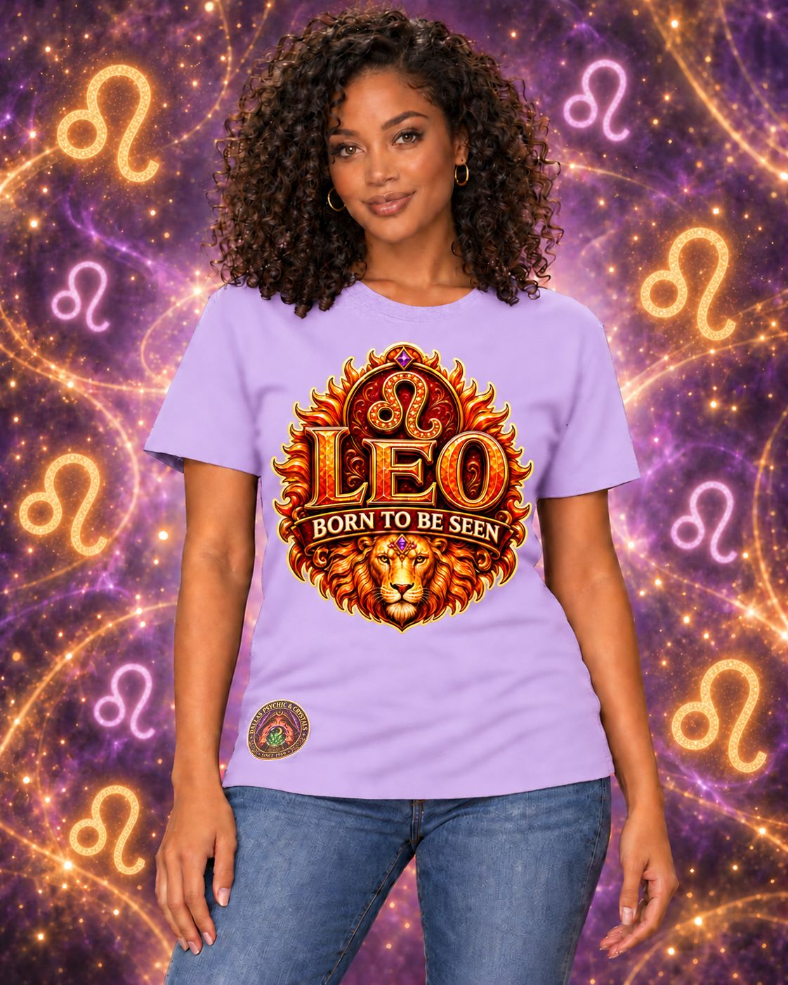 Lavender Leo zodiac crew-neck T-shirt, front view with “Born to Be Seen” artwork; AI-generated preview.