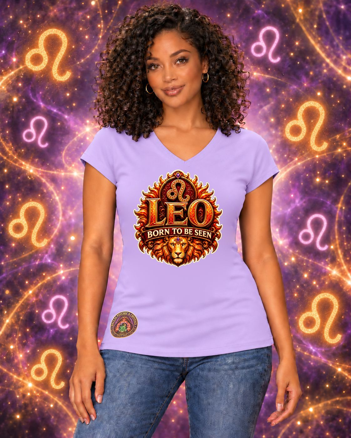 Lavender Leo zodiac women's V-neck T-shirt, front view with “Born to Be Seen” artwork; AI-generated preview.