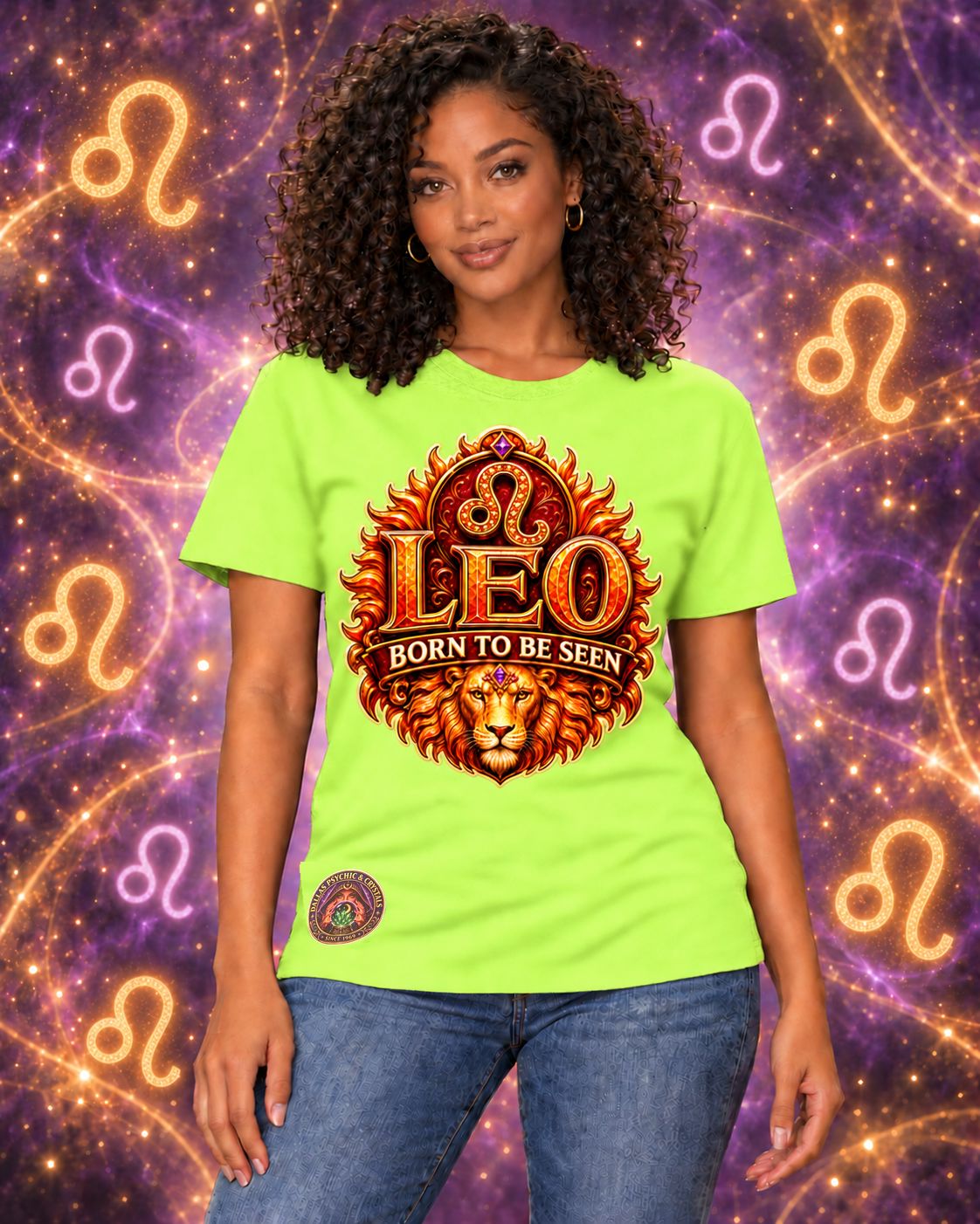 Lime Green Leo zodiac crew-neck T-shirt, front view with “Born to Be Seen” artwork; AI-generated preview.