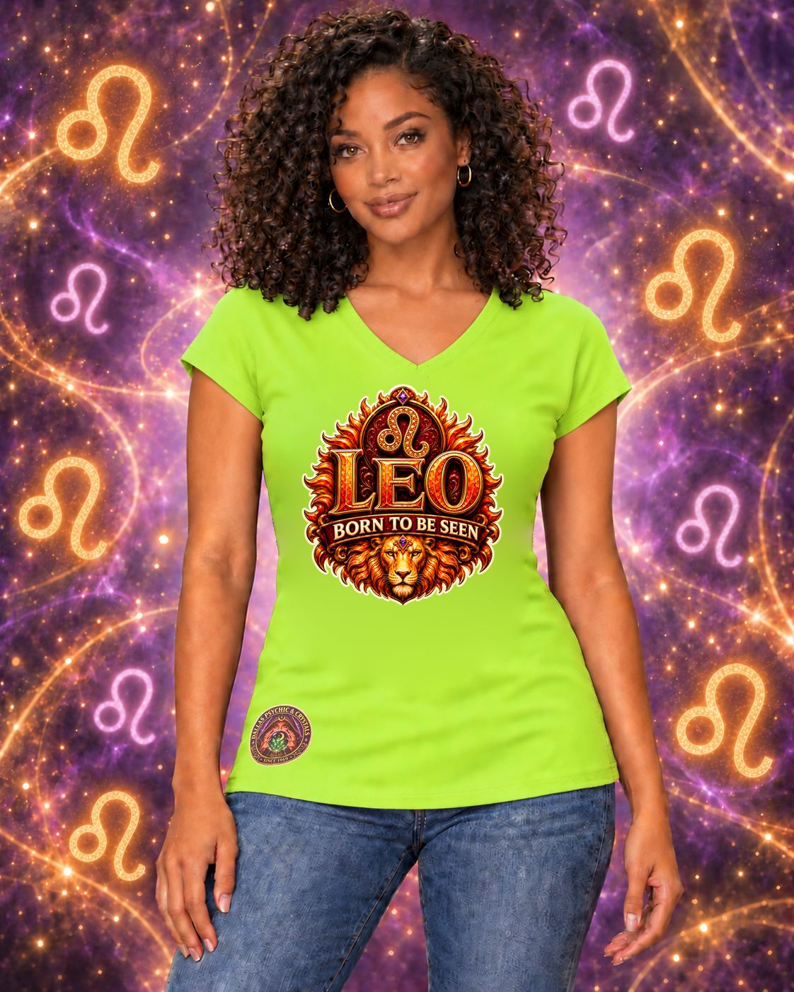 Lime Green Leo zodiac women's V-neck T-shirt, front view with “Born to Be Seen” artwork; AI-generated preview.