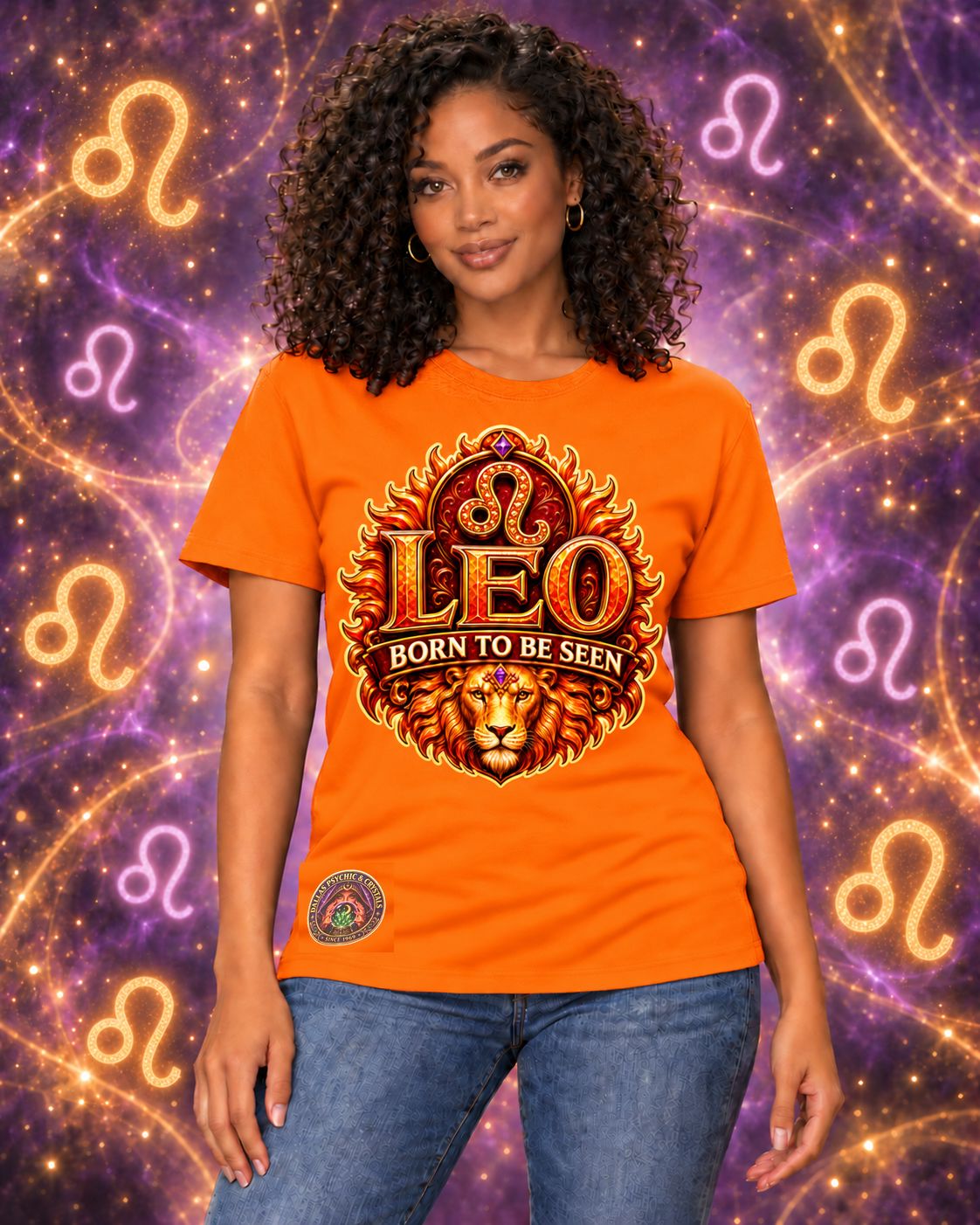 Orange Leo zodiac crew-neck T-shirt, front view with “Born to Be Seen” artwork; AI-generated preview.