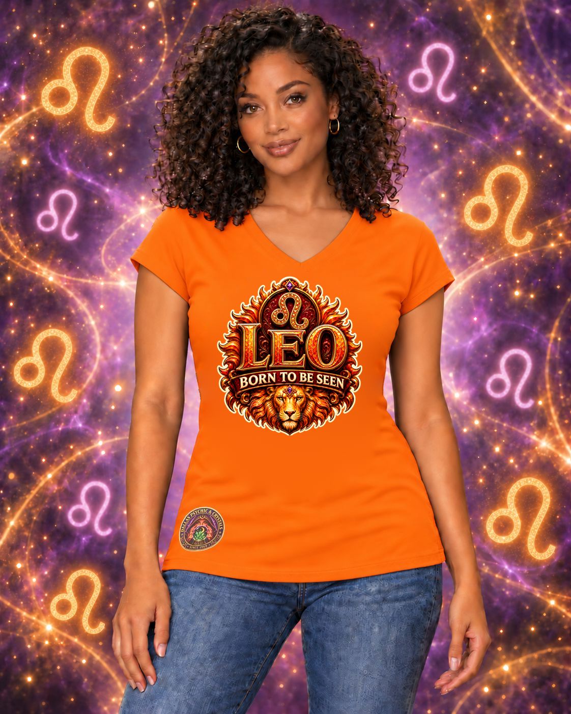 Orange Leo zodiac women's V-neck T-shirt, front view with “Born to Be Seen” artwork; AI-generated preview.