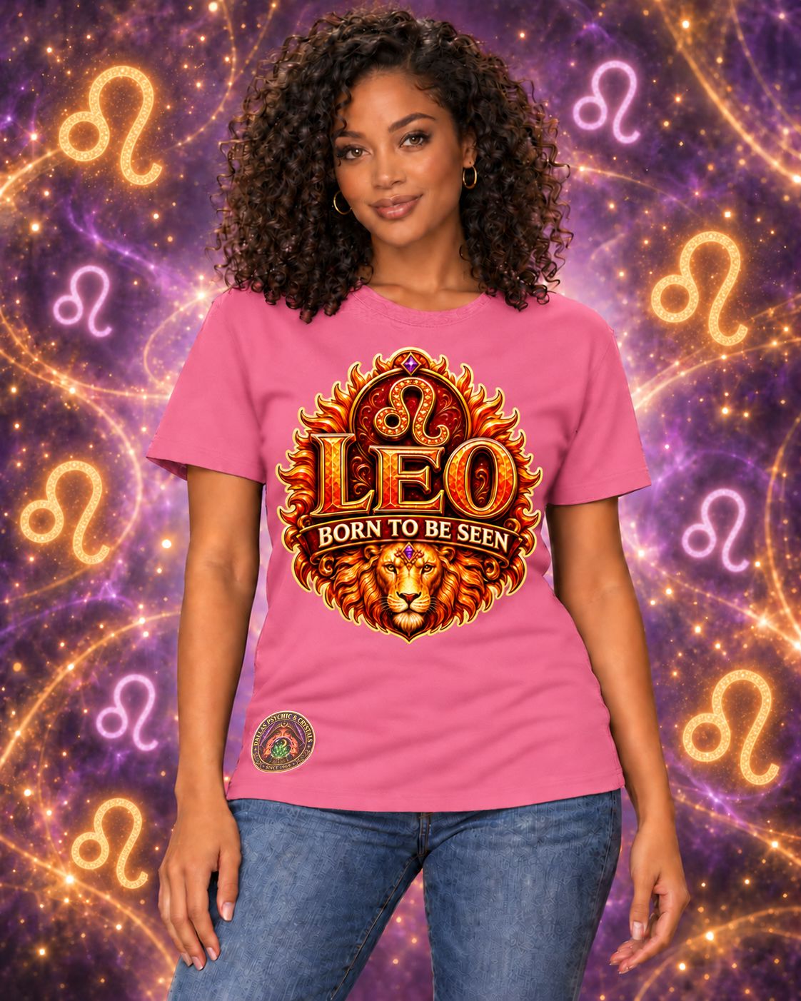 Pink Leo zodiac crew-neck T-shirt, front view with “Born to Be Seen” artwork; AI-generated preview.