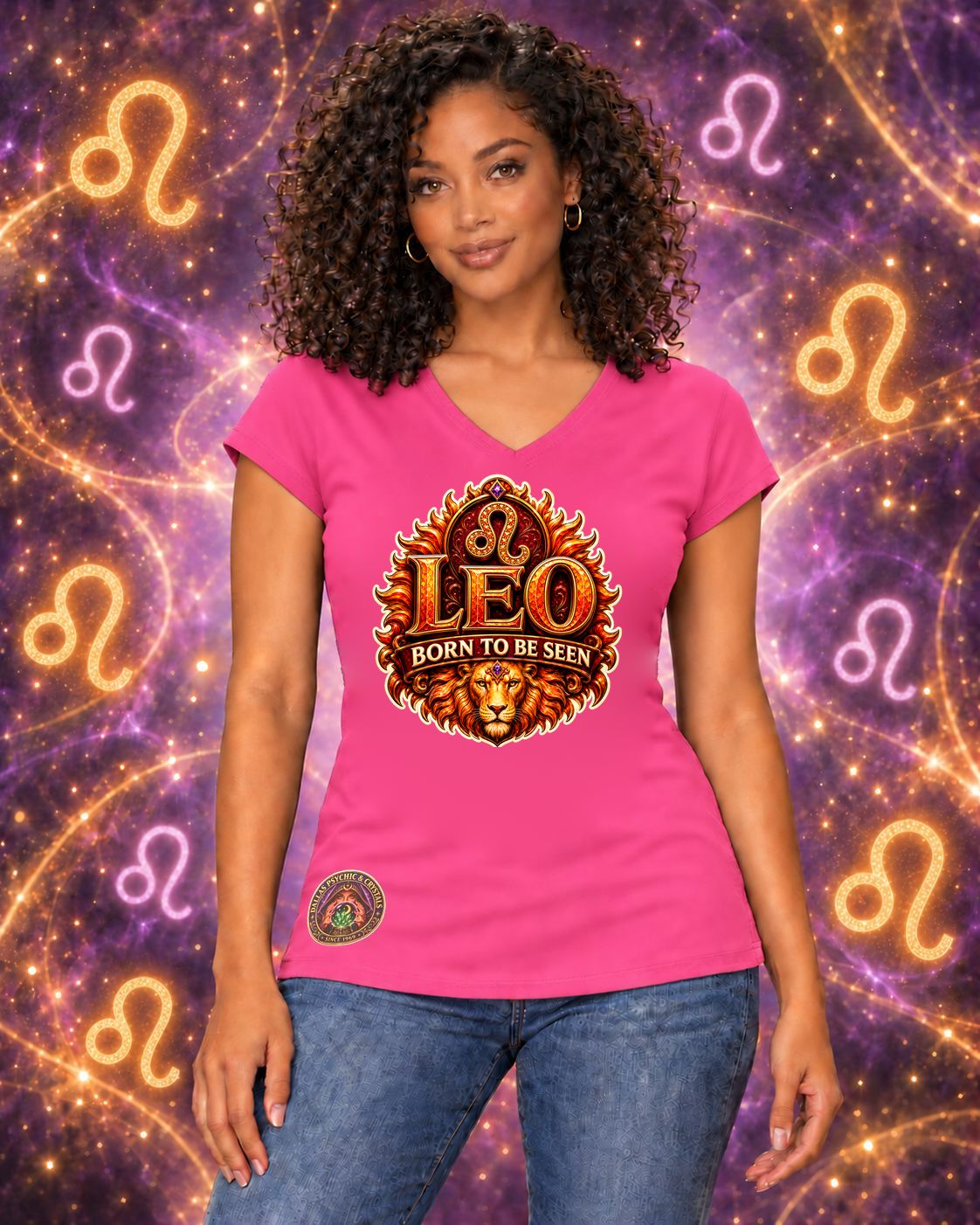 Pink Leo zodiac women's V-neck T-shirt, front view with “Born to Be Seen” artwork; AI-generated preview.