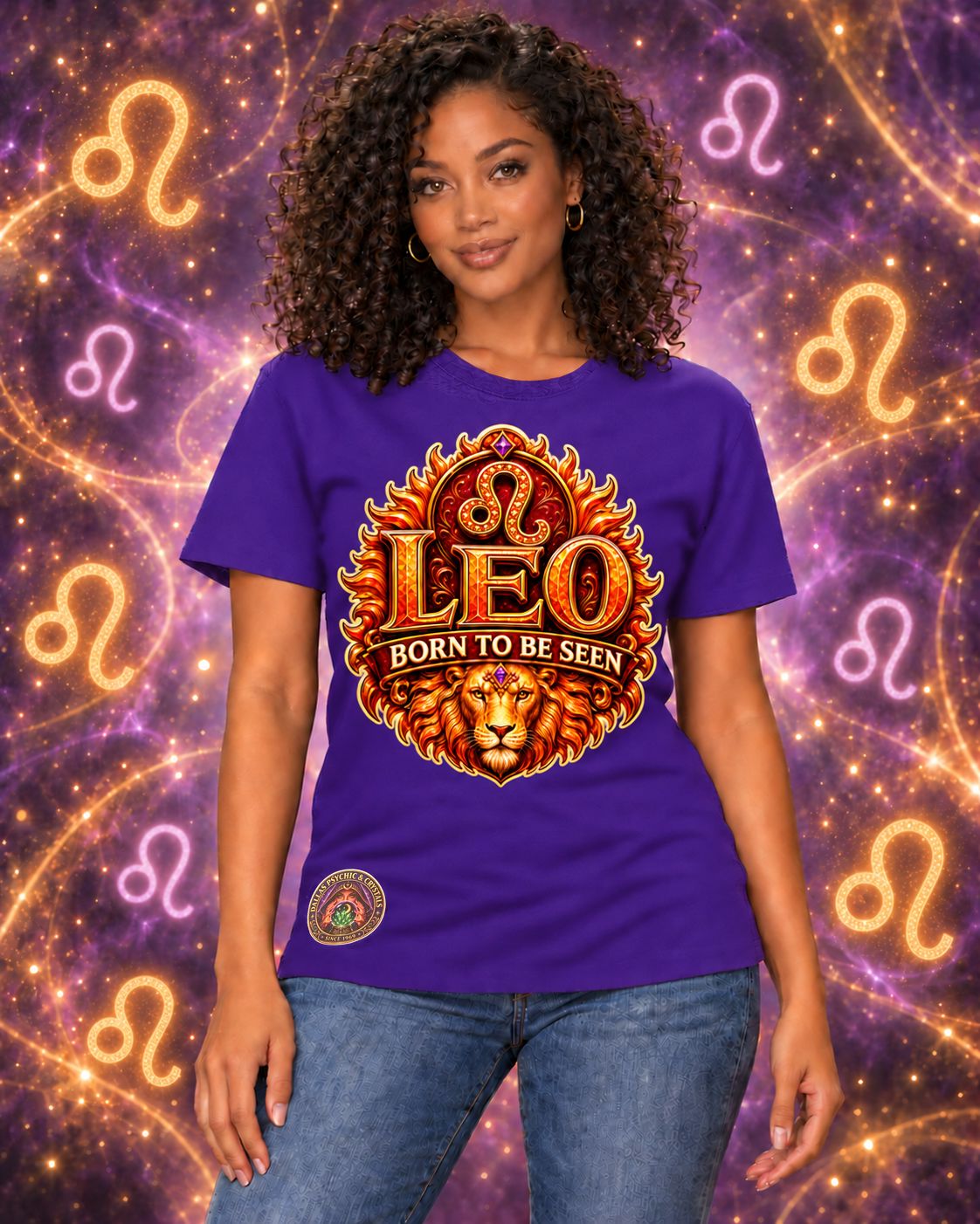 Purple Leo zodiac crew-neck T-shirt, front view with “Born to Be Seen” artwork; AI-generated preview.