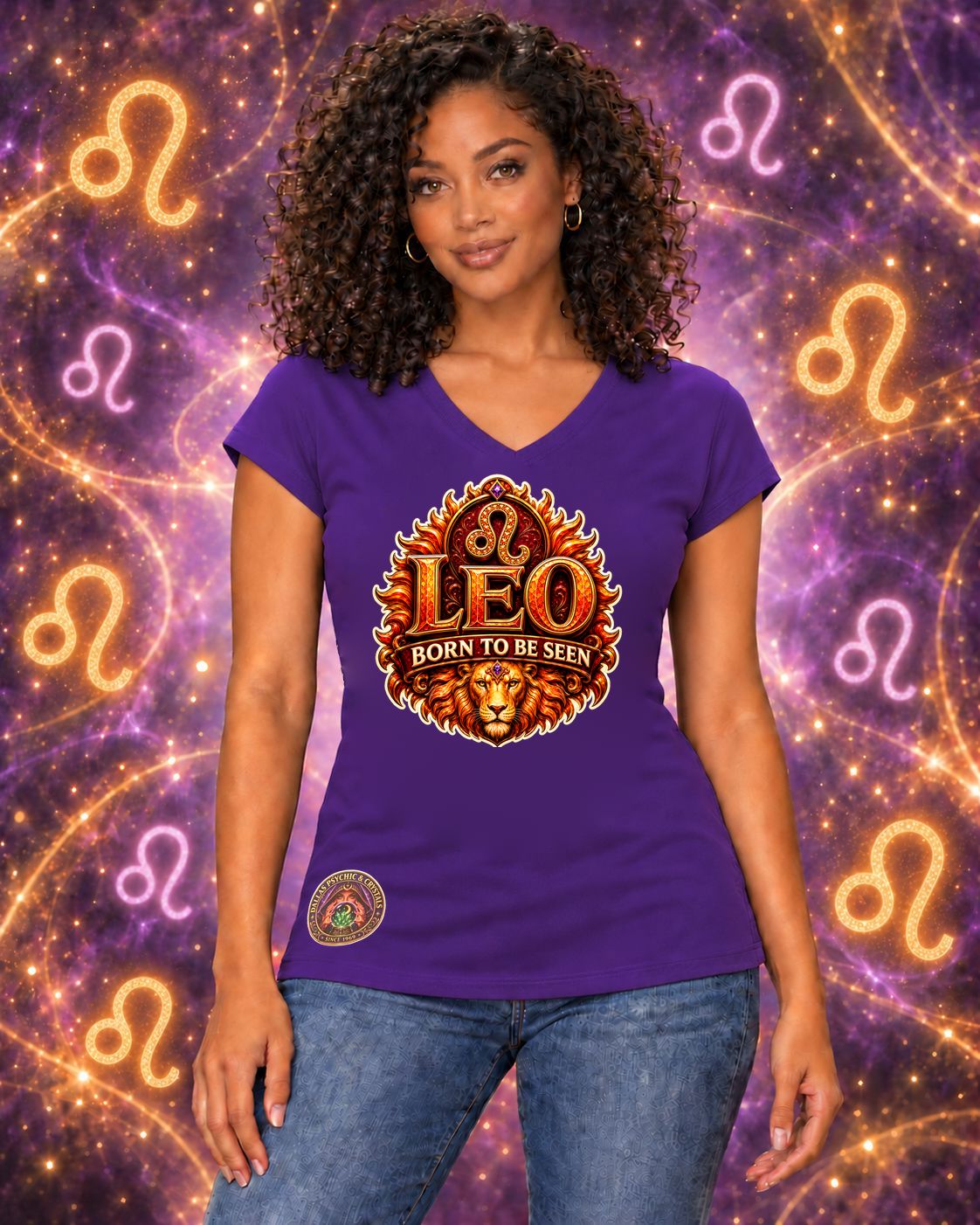 Purple Leo zodiac women's V-neck T-shirt, front view with “Born to Be Seen” artwork; AI-generated preview.