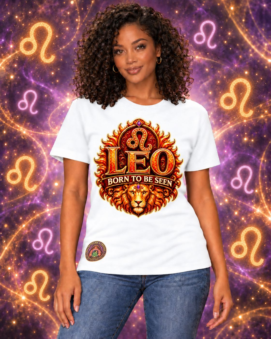 White Leo zodiac crew-neck T-shirt, front view with “Born to Be Seen” artwork; AI-generated preview.