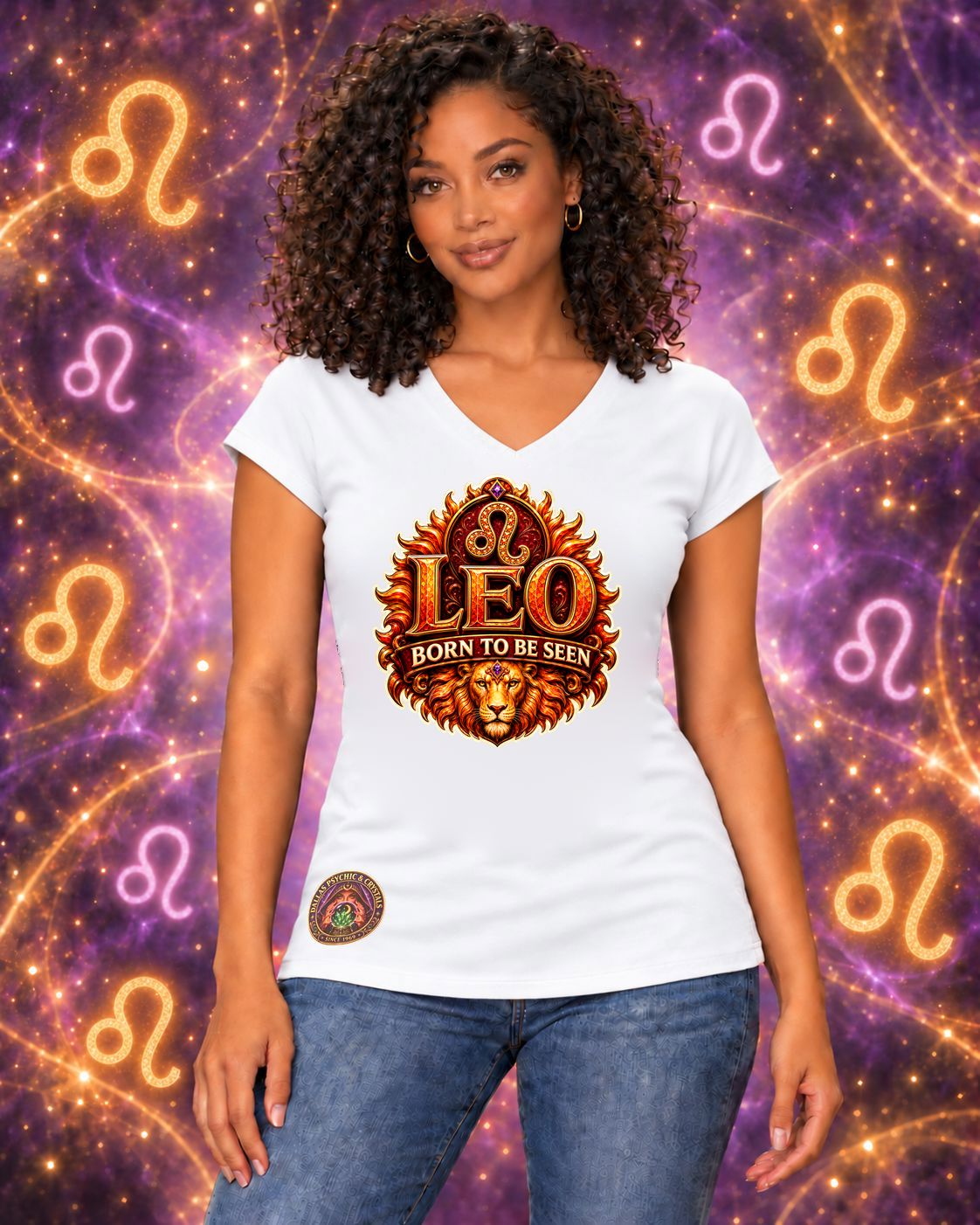 White Leo zodiac women's V-neck T-shirt, front view with “Born to Be Seen” artwork; AI-generated preview.