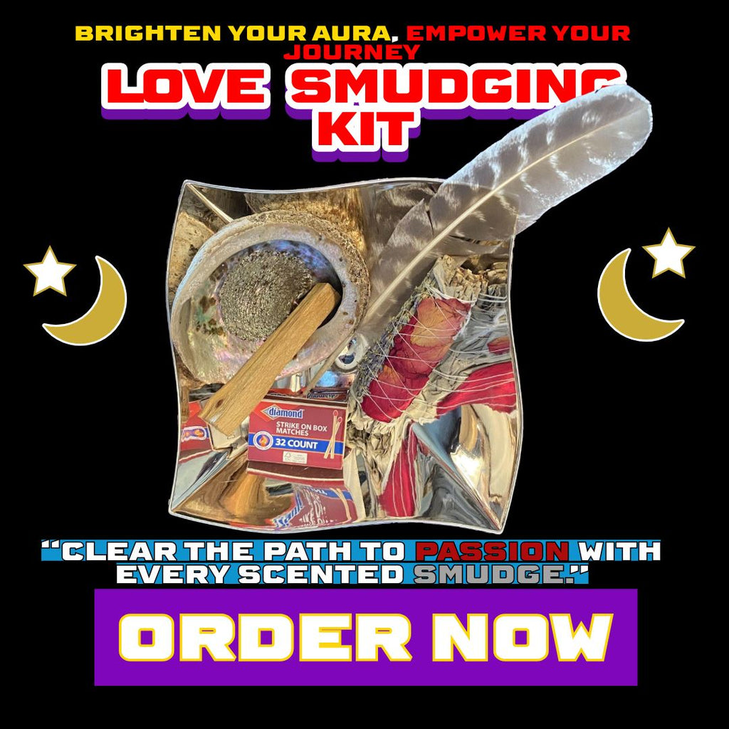 Photograph of a complete Love Smudging Kit including rose-wrapped sage, palo santo, abalone shell, smudging feather, silver bowl, and matches, displayed on a shimmering surface with crescent moons and stars for a mystical touch. DALLAS PSYCHIC AND CRYSTALS