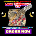 Photograph of a complete Love Smudging Kit including rose-wrapped sage, palo santo, abalone shell, smudging feather, silver bowl, and matches, displayed on a shimmering surface with crescent moons and stars for a mystical touch. DALLAS PSYCHIC AND CRYSTALS
