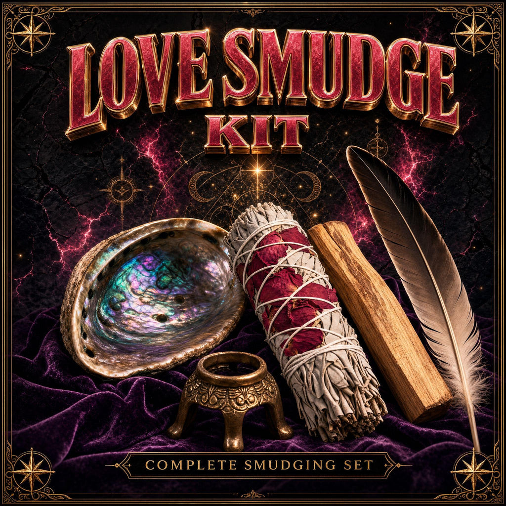 Love smudge kit with rose-adorned sage bundle and rose quartz, arranged for love and heart-opening ritual work.