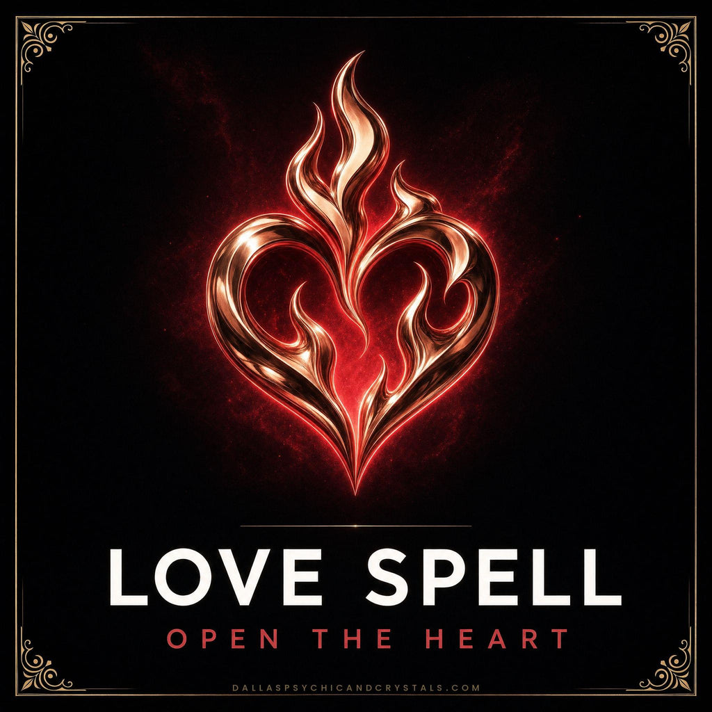 Love Spell emblem: a rose gold flame shaped like a heart, framed in gold on deep black, captioned open the heart.