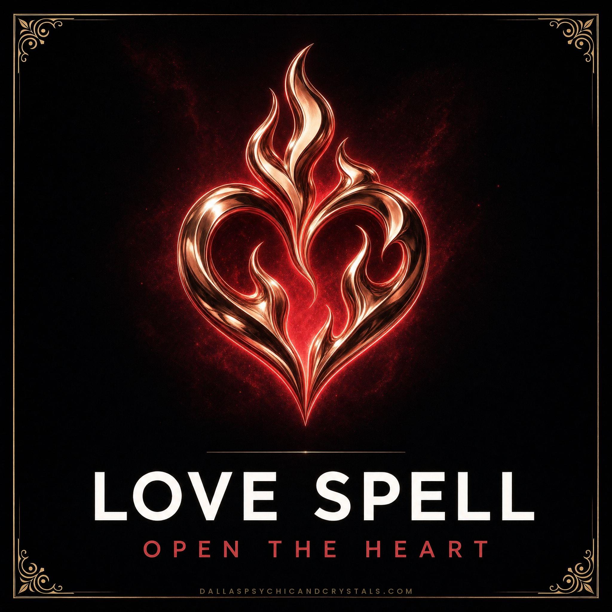 Love Spell emblem: a rose gold flame shaped like a heart, framed in gold on deep black, captioned open the heart.