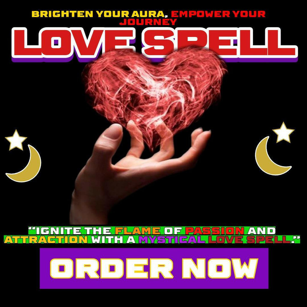 Love spell banner with a glowing red heart of energy floating above an open upturned hand.