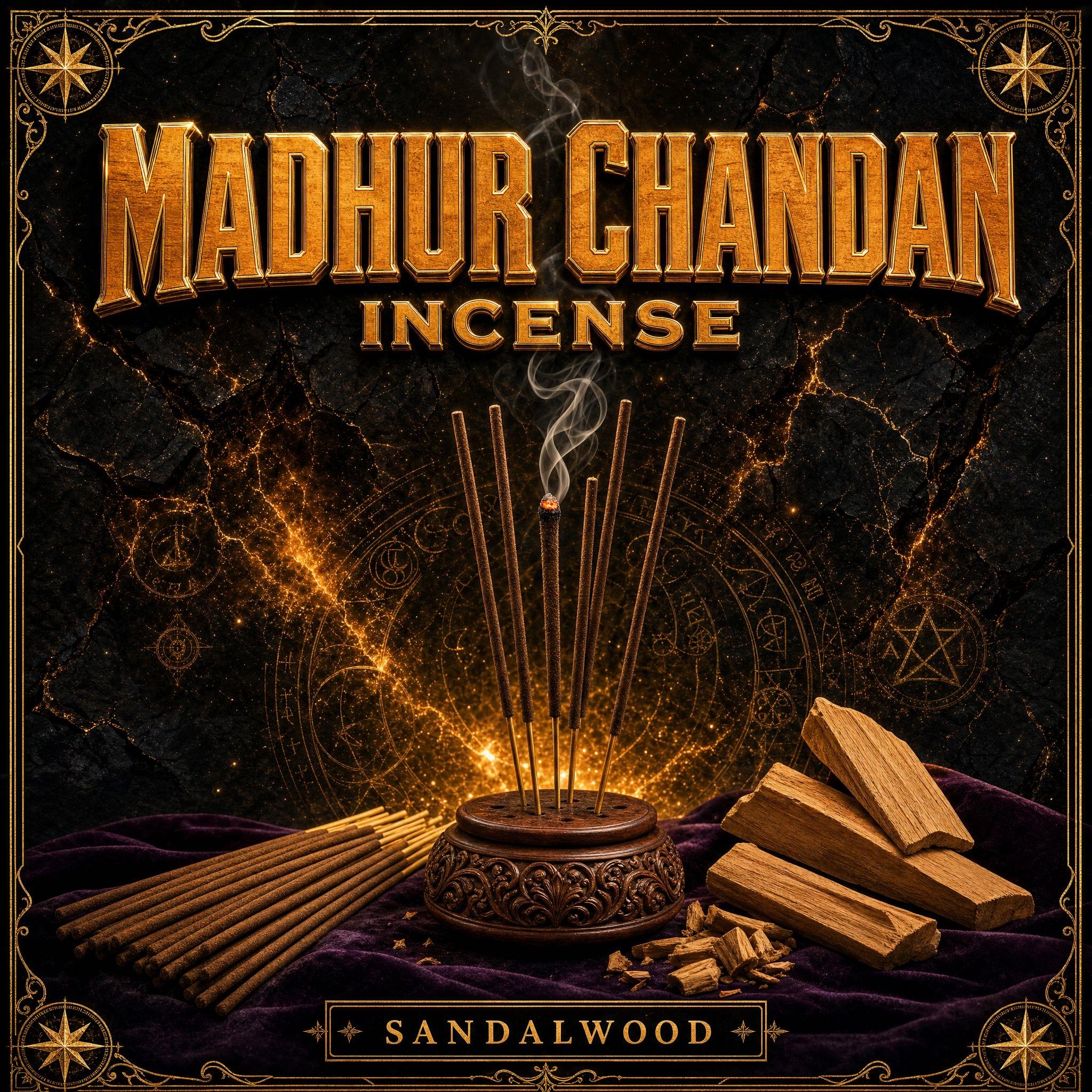 Madhur Chandan sandalwood incense stick burning, smoke rising beside a bundle of unlit sticks.