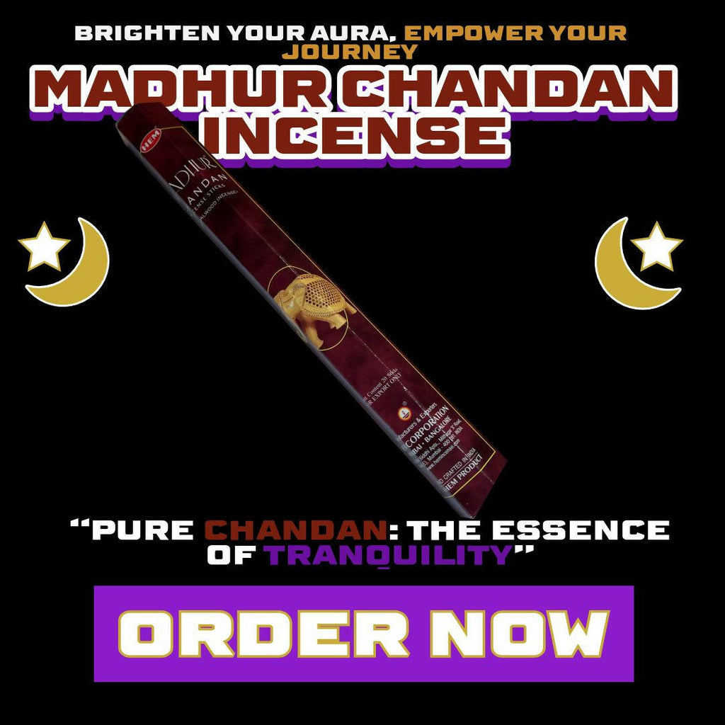 Box of Madhur Chandan Incense featuring 20 sandalwood sticks – traditional Indian temple incense used for meditation, energy cleansing, and spiritual relaxation from Dallas Psychic & Crystals.
