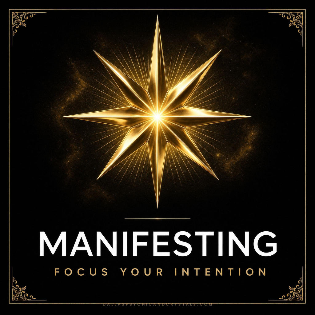 Manifesting emblem: a radiant gold starburst converging to a single bright point, framed in gold on deep black, captioned focus your intention.