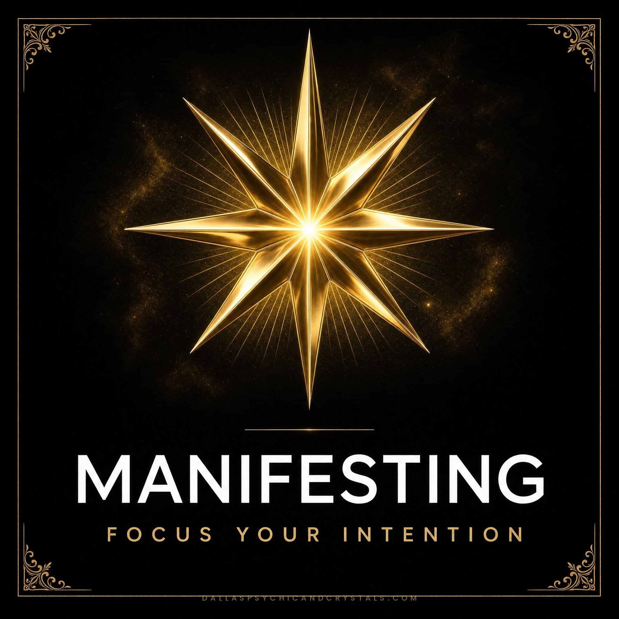 Manifesting emblem: a radiant gold starburst converging to a single bright point, framed in gold on deep black, captioned focus your intention.