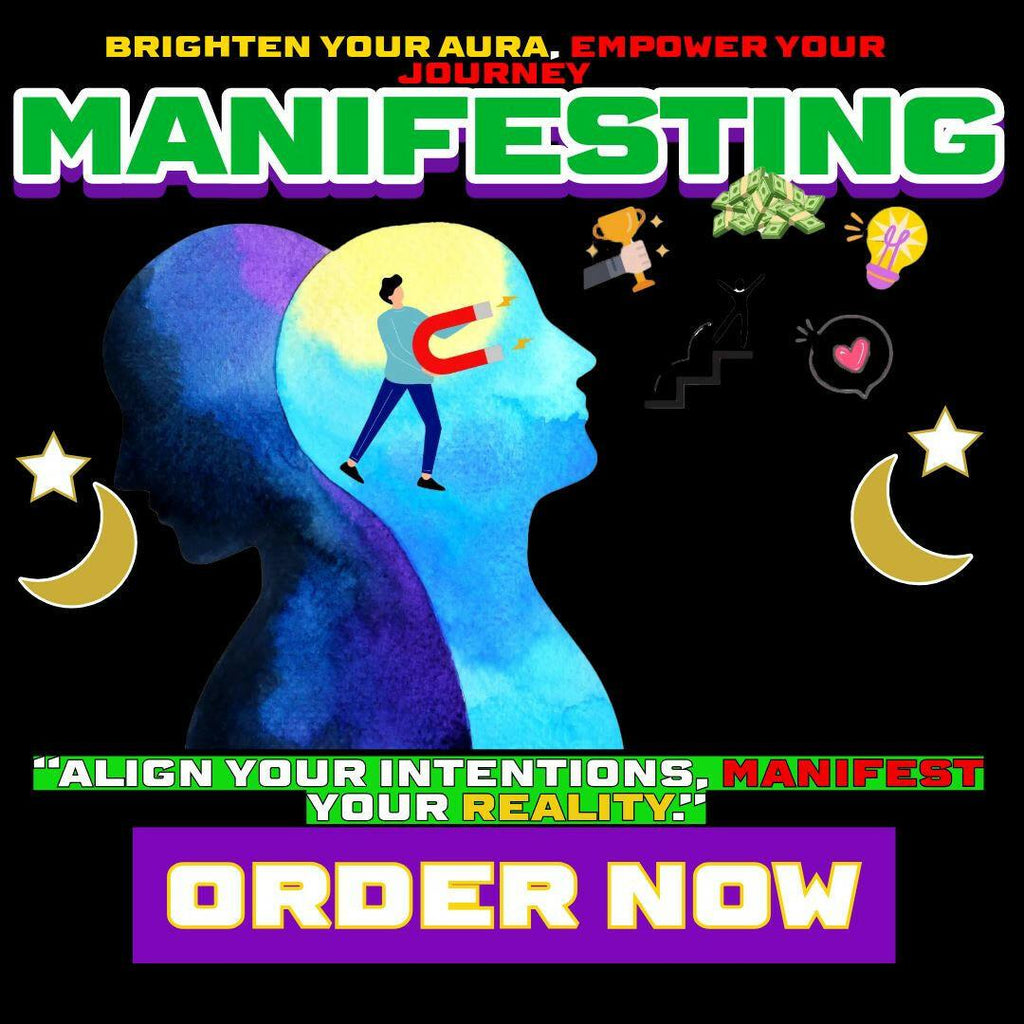 Manifesting banner with a blue head silhouette holding a magnet, drawing in symbols of money, ideas and success.