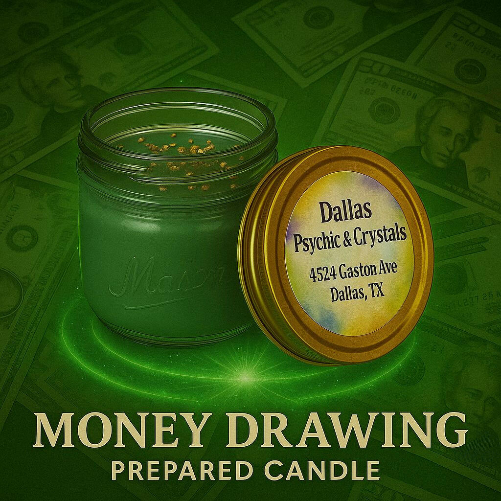 Green ritual Money Drawing Candle from Dallas Psychic & Crystals in mason jar with gold flakes, used for wealth attraction, prosperity spells, and financial manifestation rituals.