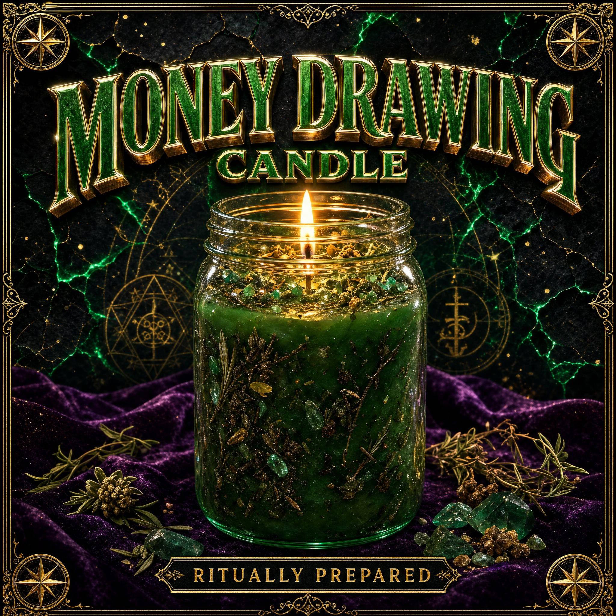 Prepared money drawing candle in green wax, dressed with herbs and oils for prosperity and abundance work.
