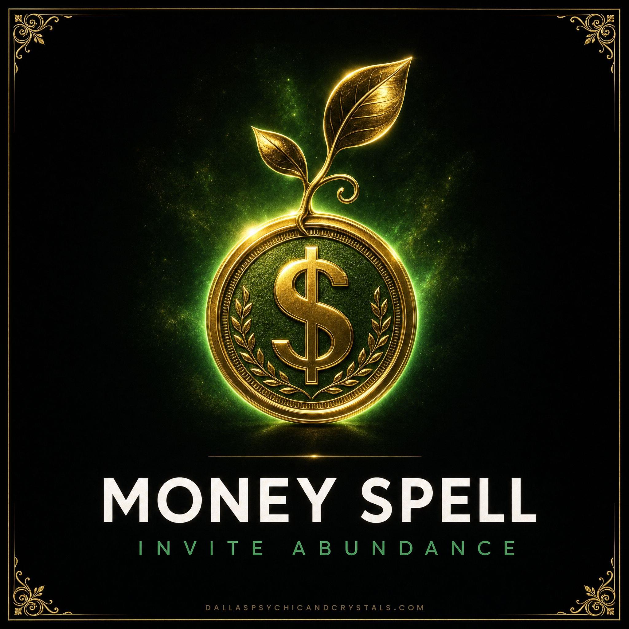 Money Spell emblem: a gold coin with a vine sprouting from its top edge, framed in gold on deep black, captioned invite abundance.