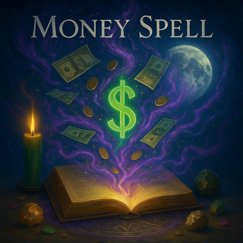 Money spell artwork with a glowing green dollar sign and falling banknotes and coins above an open spell book, lit by a green candle under a full moon.