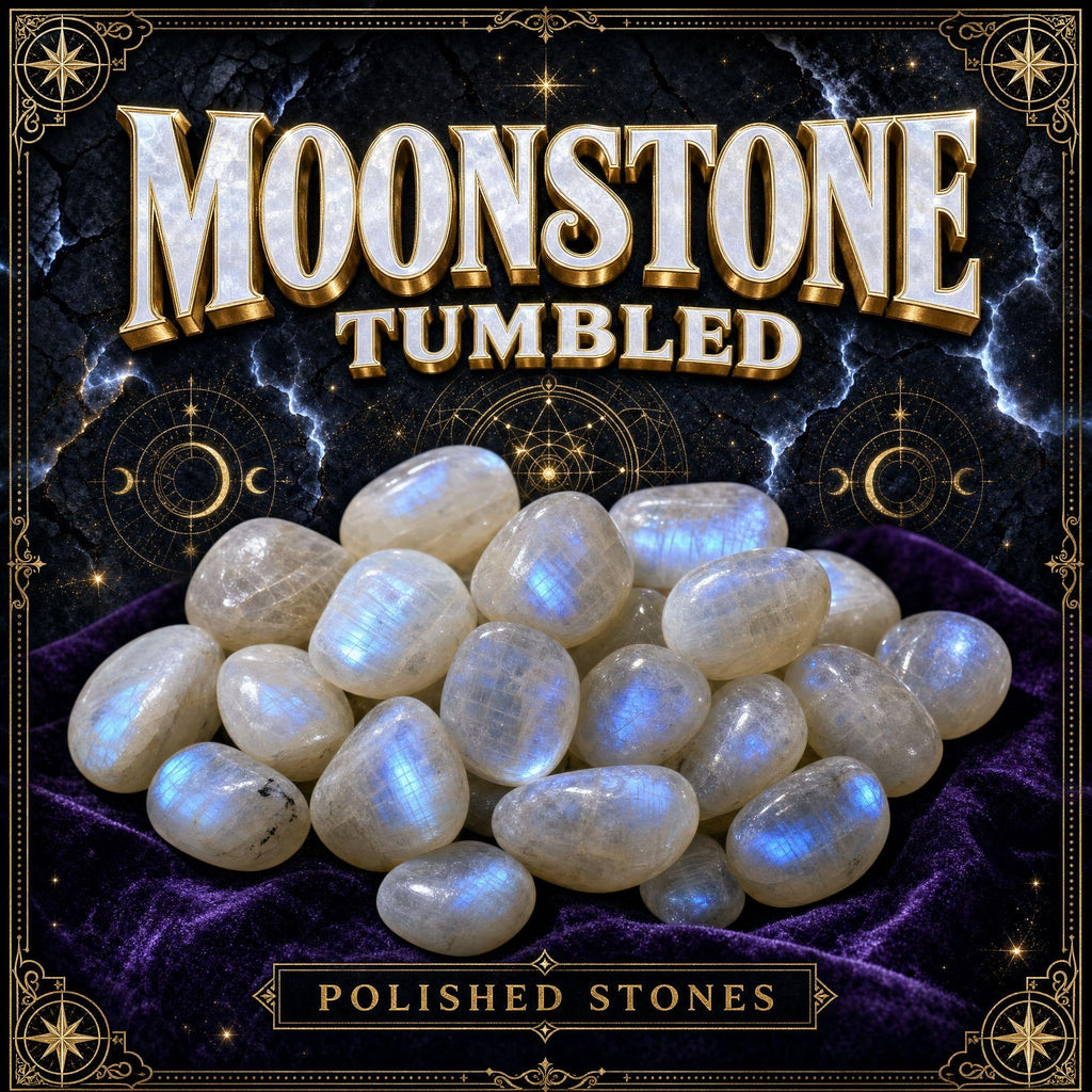 Tumbled moonstone, creamy white polished stones showing the soft blue adularescent shimmer the stone is known for.