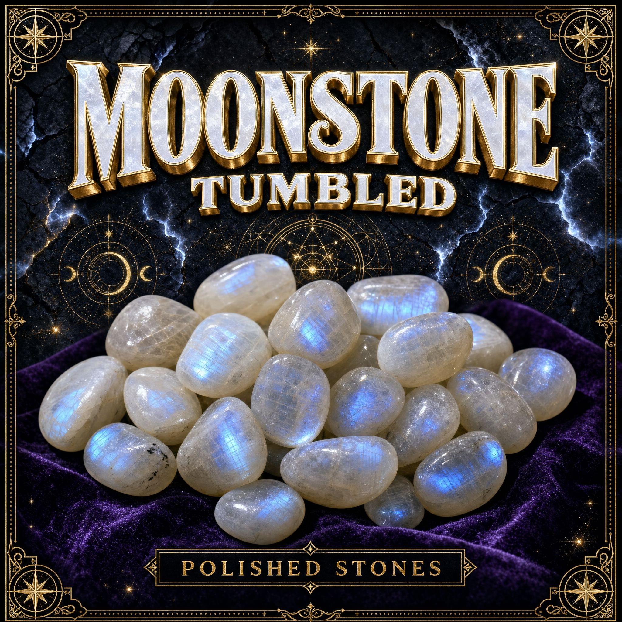 Tumbled moonstone, creamy white polished stones showing the soft blue adularescent shimmer the stone is known for.