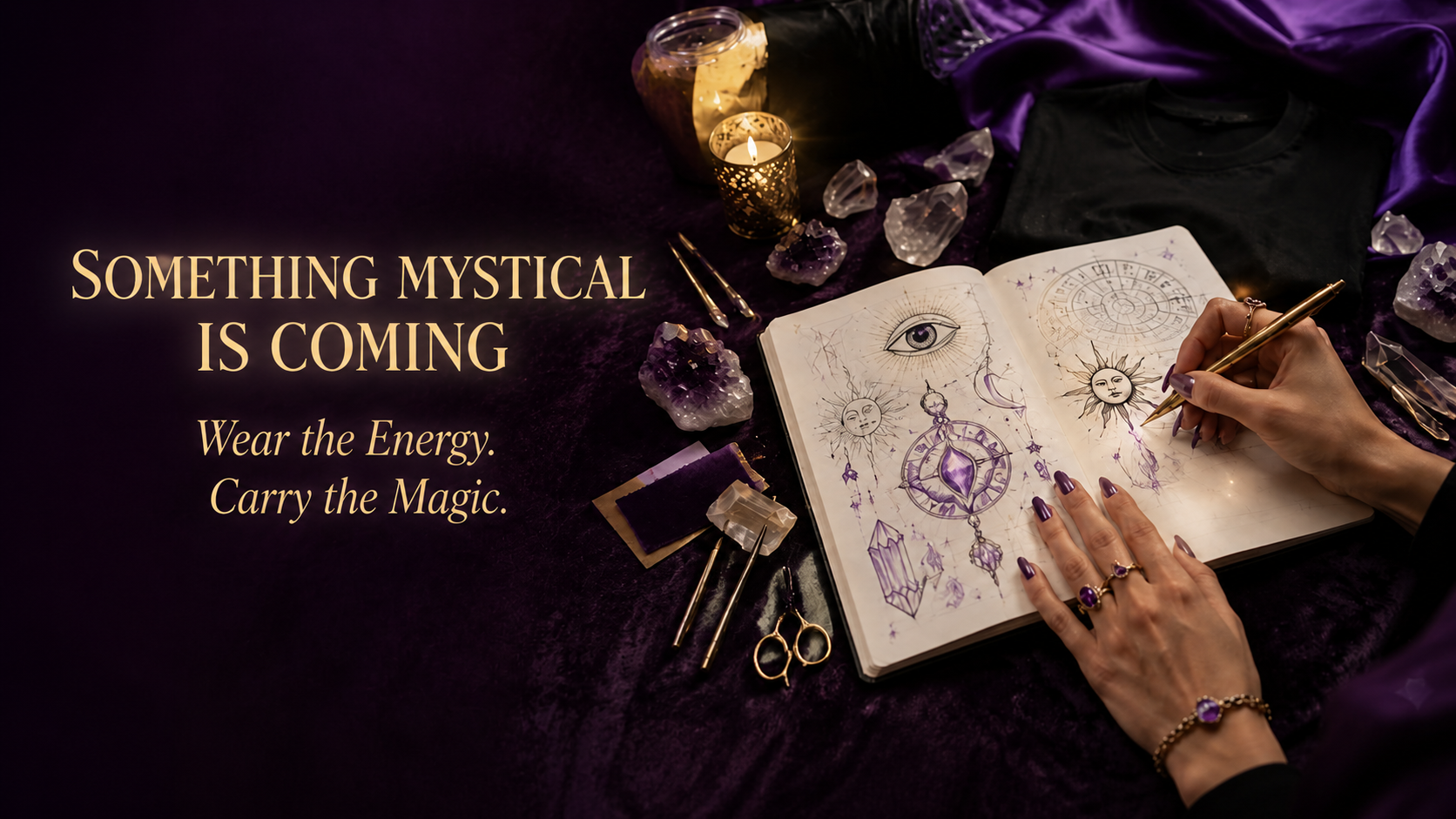 Mystic Collection by Sabrina launch artwork with zodiac sketches, crystals, candles, and Something Mystical Is Coming.