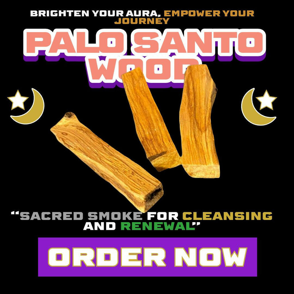 Three golden-brown Palo Santo wood sticks displayed on a black background with crescent moons and stars. Bold mystical text reads “Palo Santo Wood – Sacred Smoke for Cleansing and Renewal” with a vibrant purple and gold “Order Now” button below.

DALLAS PSYCHIC AND CRYSTALS