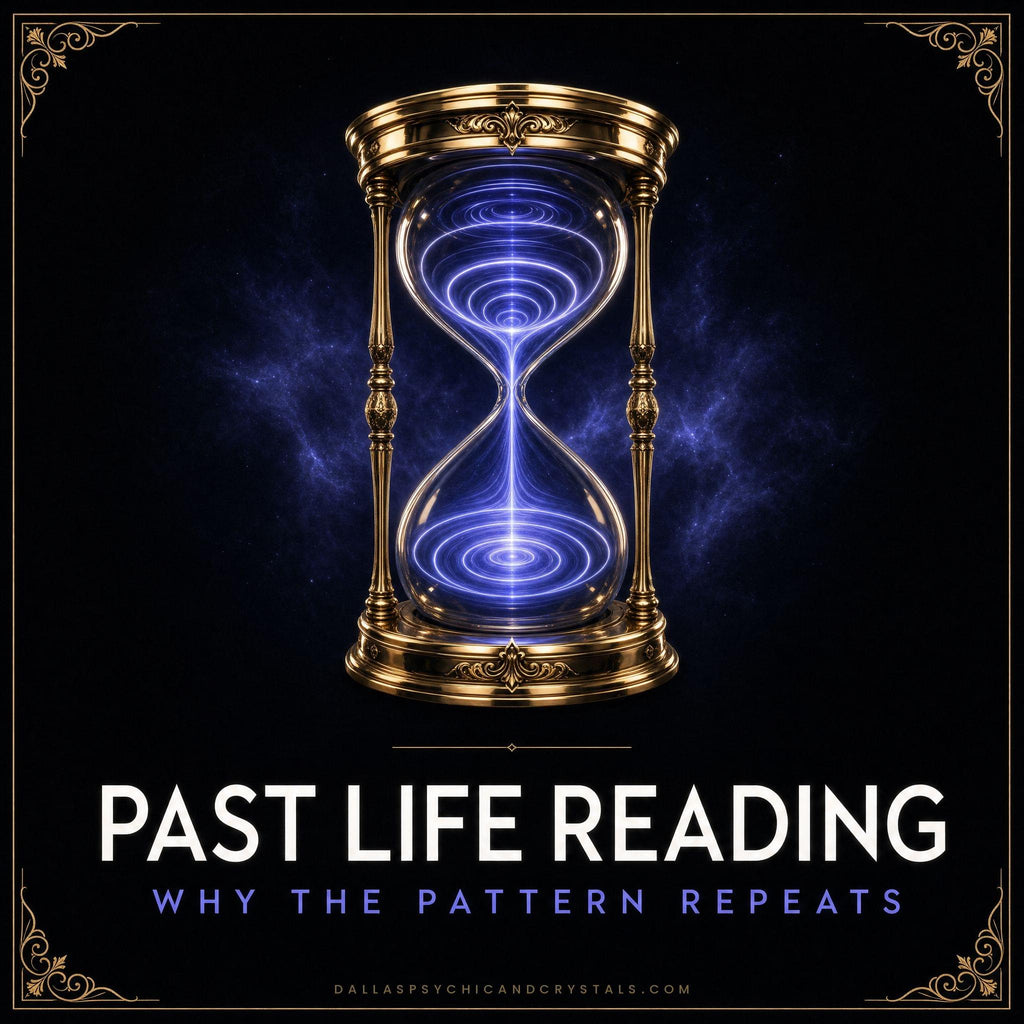 Past Life Reading emblem: a gold hourglass with glowing indigo rings inside, framed in gold on deep black, captioned why the pattern repeats.