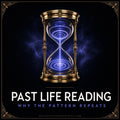 Past Life Reading emblem: a gold hourglass with glowing indigo rings inside, framed in gold on deep black, captioned why the pattern repeats.