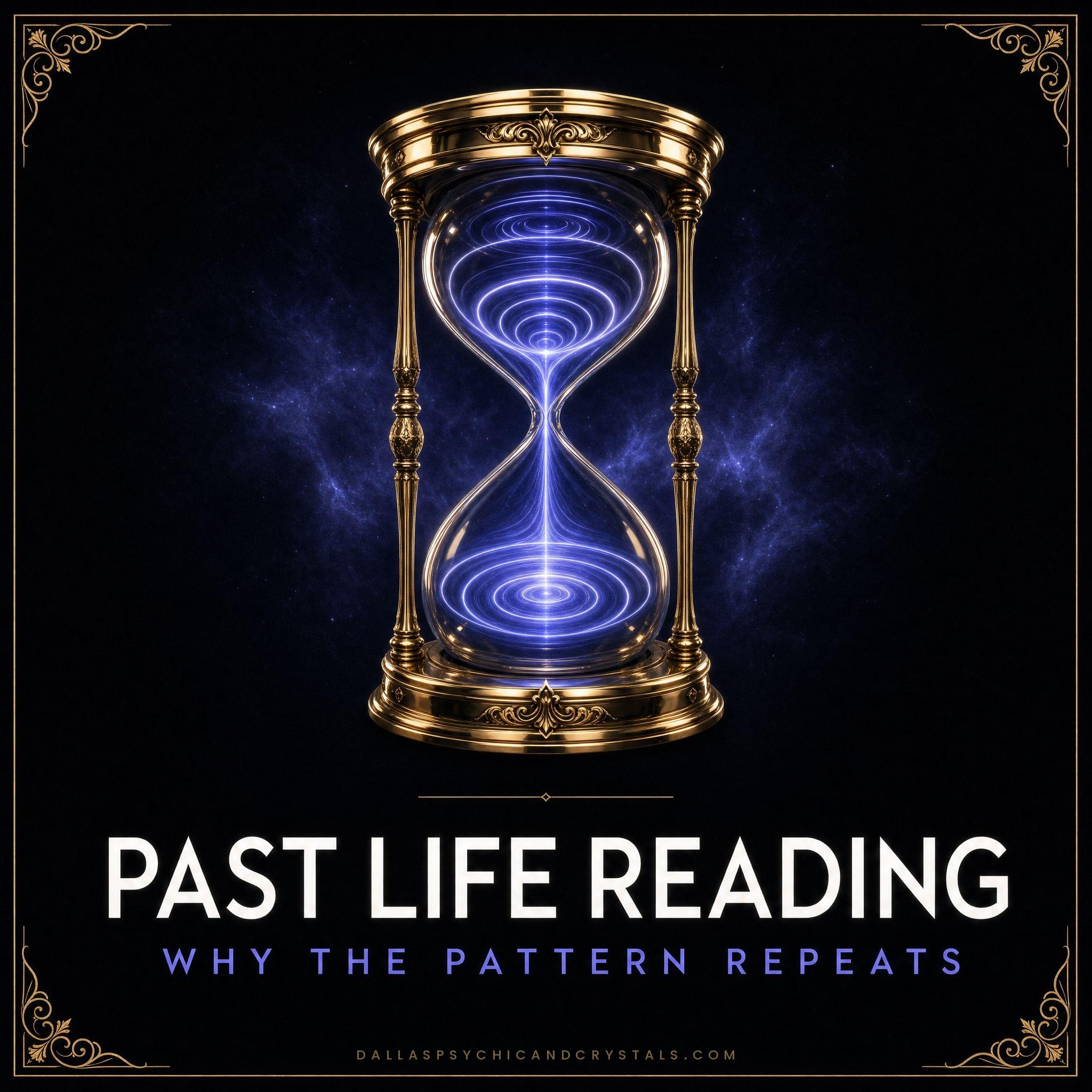 Past Life Reading emblem: a gold hourglass with glowing indigo rings inside, framed in gold on deep black, captioned why the pattern repeats.