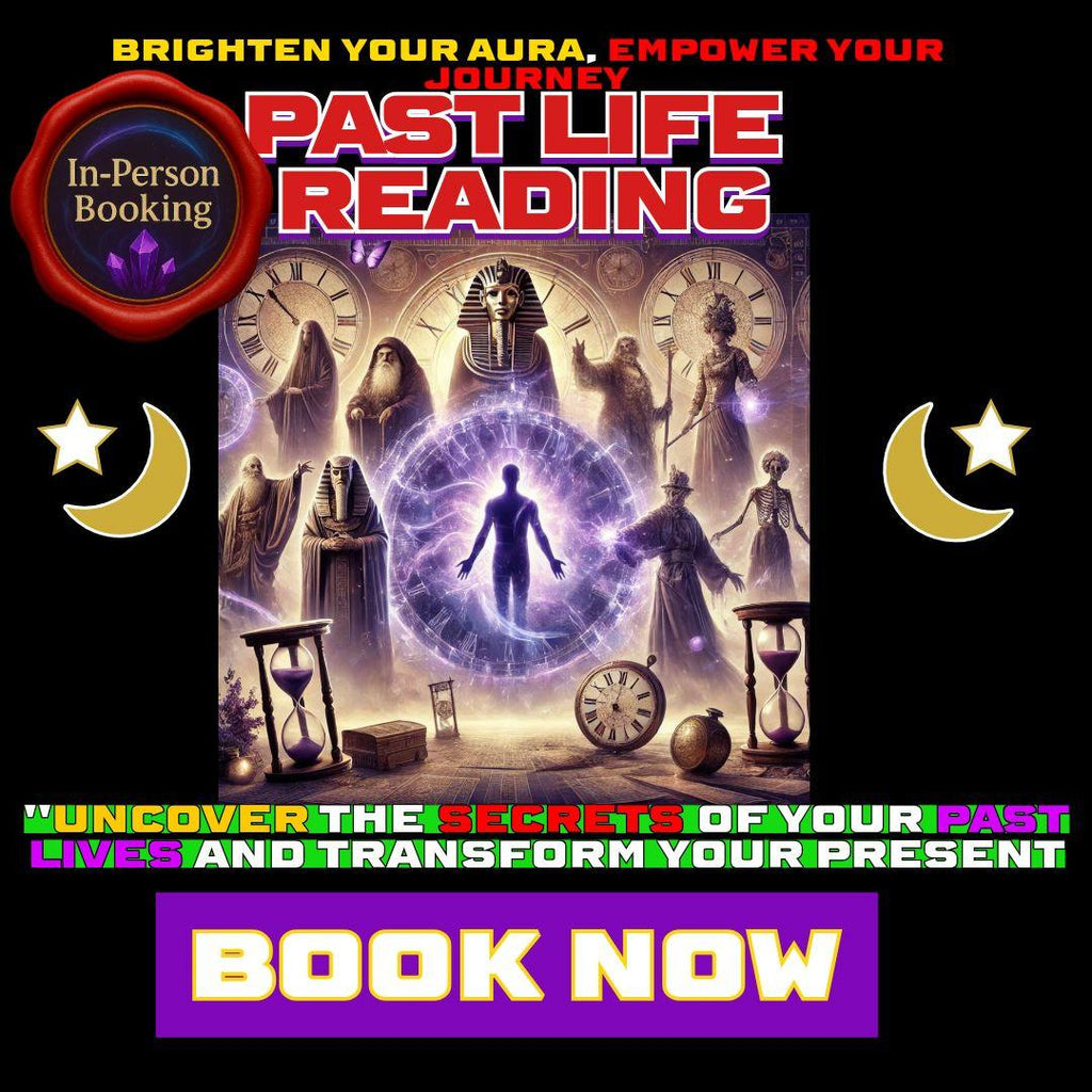 Past life reading banner with a silhouetted figure inside a glowing purple portal surrounded by ancient Egyptian figures, hourglasses and clocks, in-person booking.
