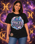 Black Pisces zodiac crew-neck T-shirt, front view with “Dream Deep. Feel Everything.” artwork; AI-generated preview.