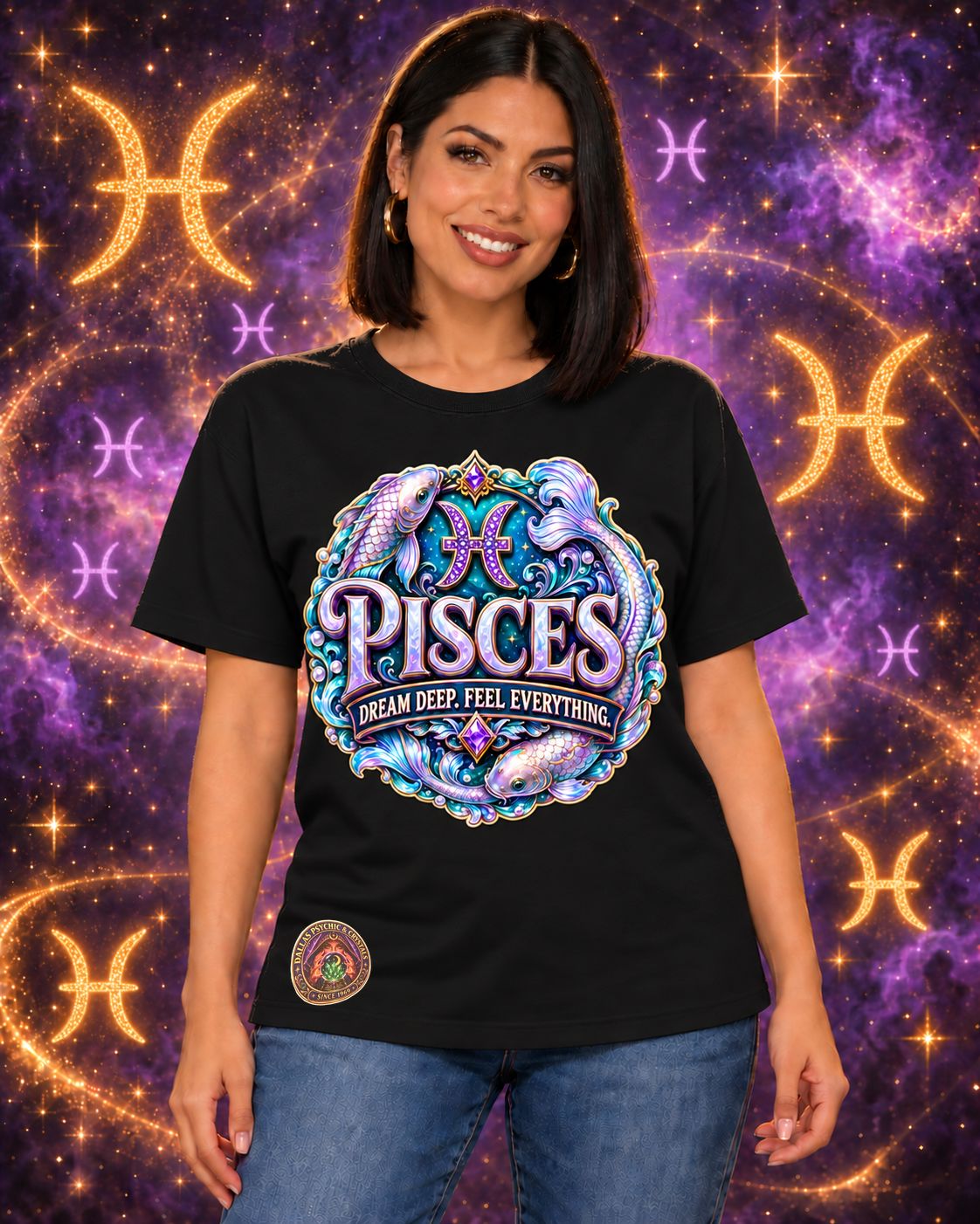 Black Pisces zodiac crew-neck T-shirt, front view with “Dream Deep. Feel Everything.” artwork; AI-generated preview.