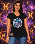 Black Pisces zodiac women's V-neck T-shirt, front view with “Dream Deep. Feel Everything.” artwork; AI-generated preview.