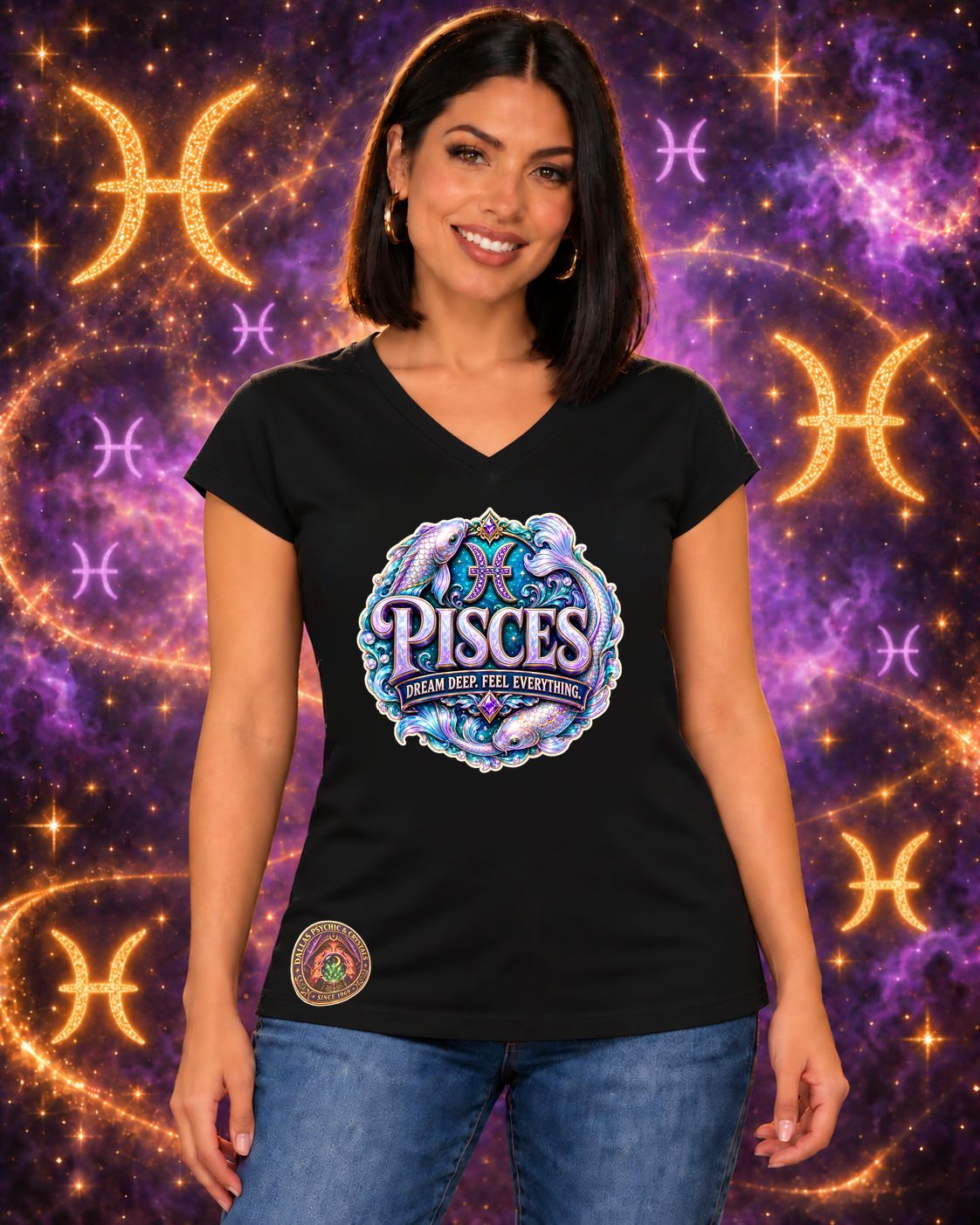Black Pisces zodiac women's V-neck T-shirt, front view with “Dream Deep. Feel Everything.” artwork; AI-generated preview.