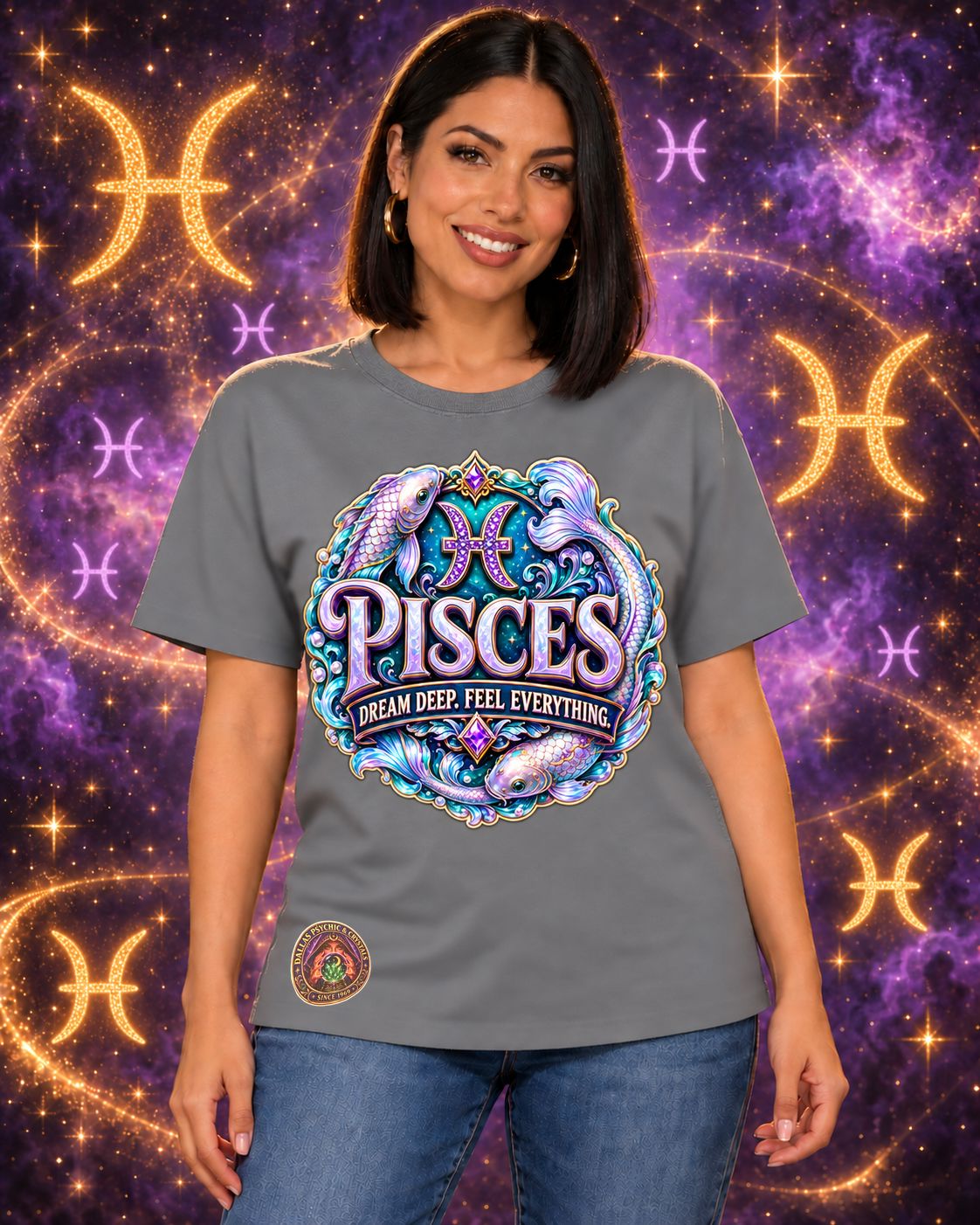 Grey Pisces zodiac crew-neck T-shirt, front view with “Dream Deep. Feel Everything.” artwork; AI-generated preview.