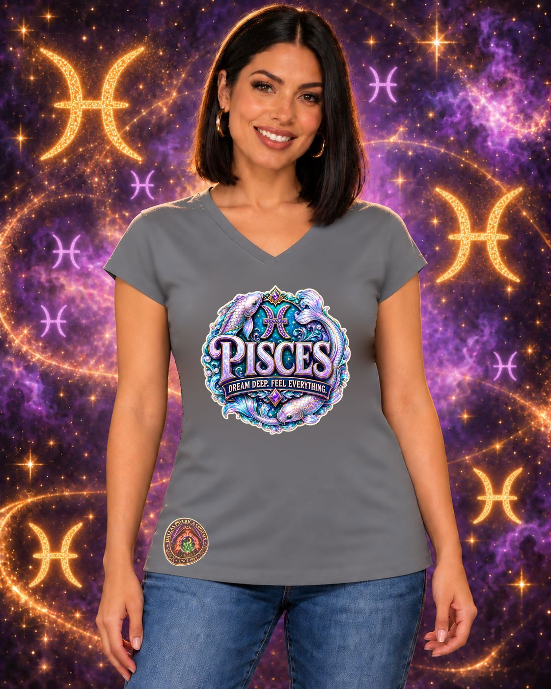 Grey Pisces zodiac women's V-neck T-shirt, front view with “Dream Deep. Feel Everything.” artwork; AI-generated preview.
