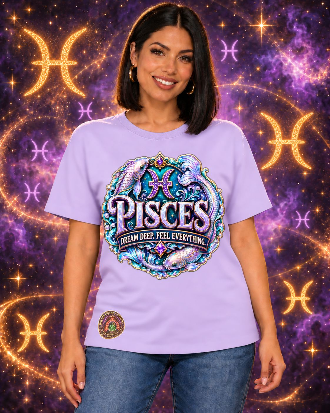 Lavender Pisces zodiac crew-neck T-shirt, front view with “Dream Deep. Feel Everything.” artwork; AI-generated preview.