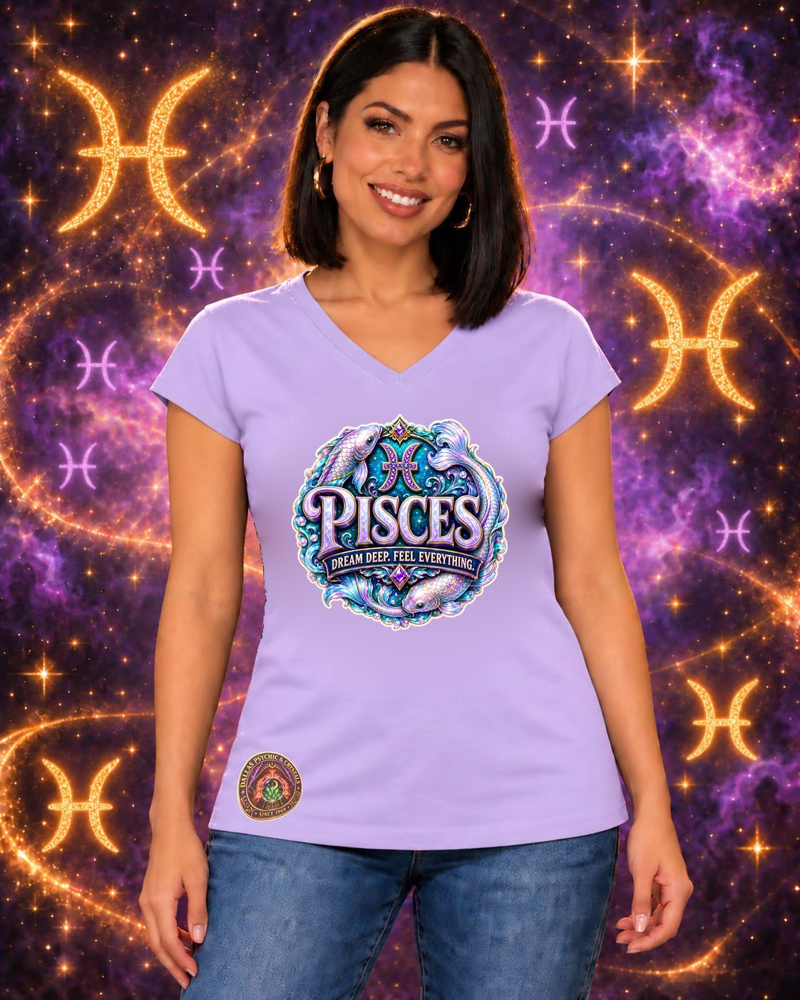 Lavender Pisces zodiac women's V-neck T-shirt, front view with “Dream Deep. Feel Everything.” artwork; AI-generated preview.