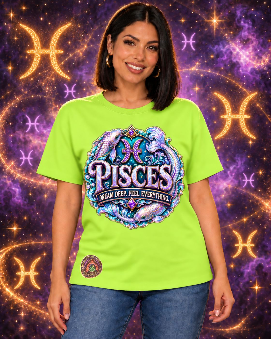Lime Green Pisces zodiac crew-neck T-shirt, front view with “Dream Deep. Feel Everything.” artwork; AI-generated preview.