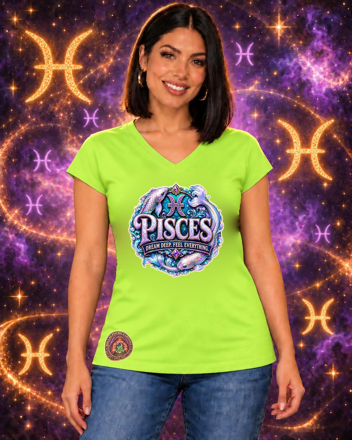 Lime Green Pisces zodiac women's V-neck T-shirt, front view with “Dream Deep. Feel Everything.” artwork; AI-generated preview.