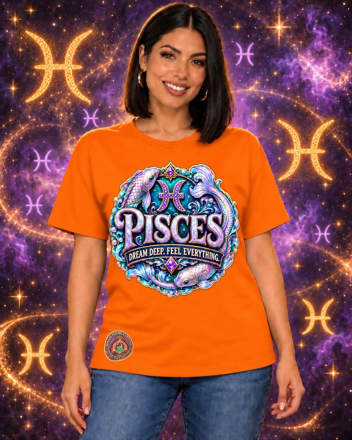 Orange Pisces zodiac crew-neck T-shirt, front view with “Dream Deep. Feel Everything.” artwork; AI-generated preview.
